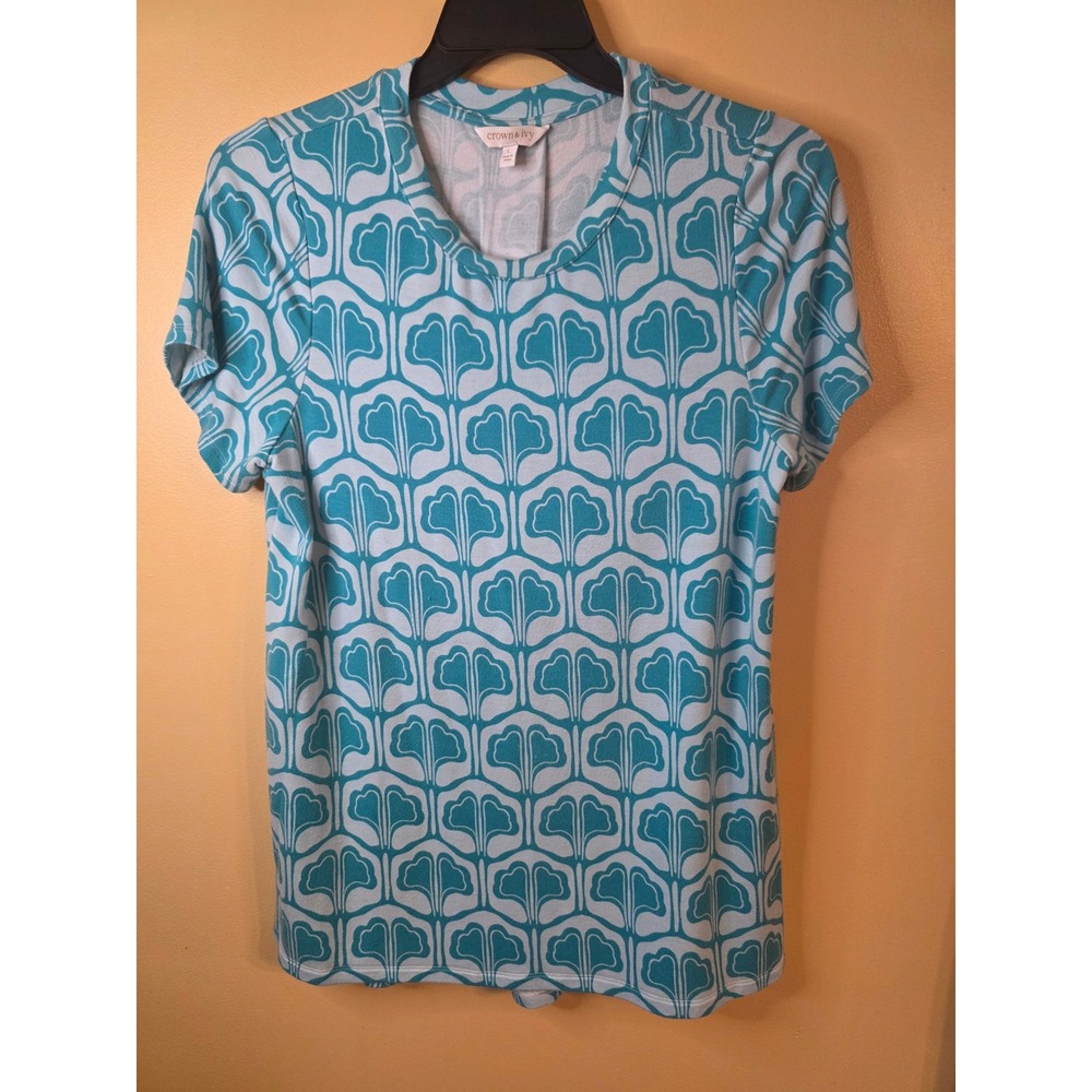 Crown & Ivy Womens Teal White Ginkgo Leaf Print Short Sleeve Pleat Back Top L
